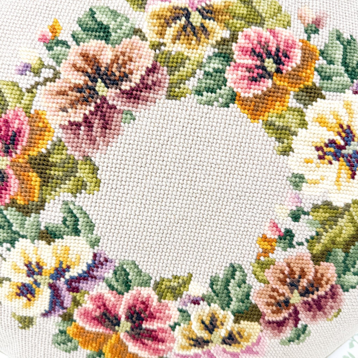 Vintage Handstitched Needlepoint Pillow, Round Pansies