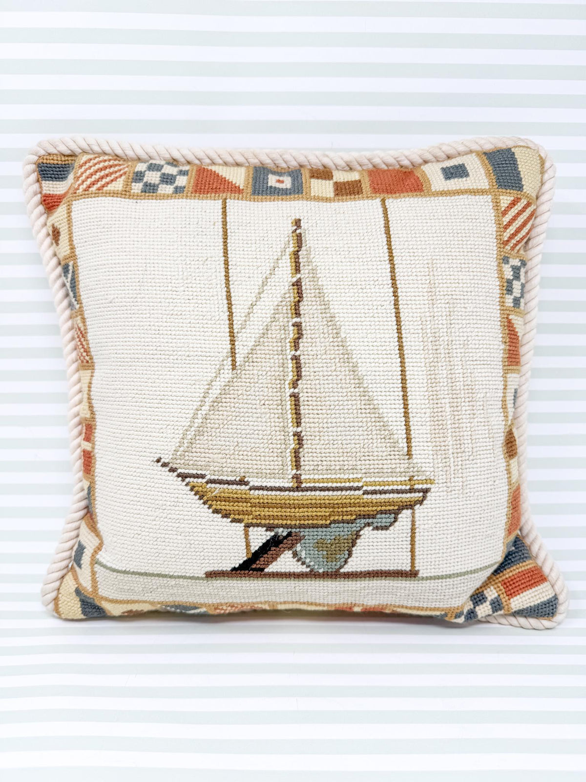 Vintage Needlepoint Pillow, Sailboat and Burgees
