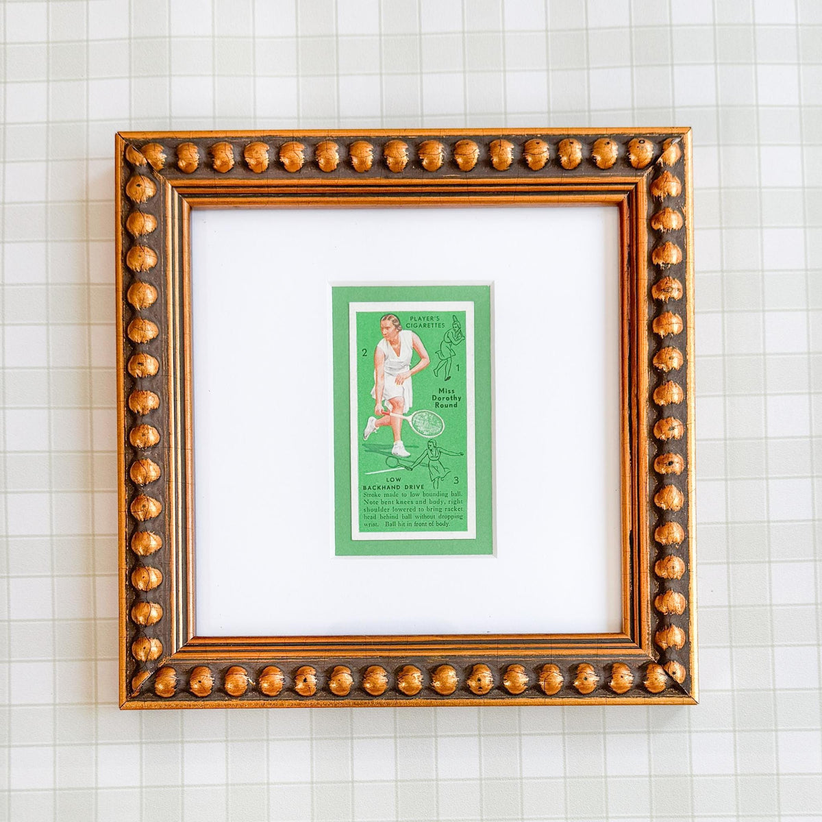 Framed Vintage Tennis Cigarette Card, c. 1936, "Low Backhand Drive"