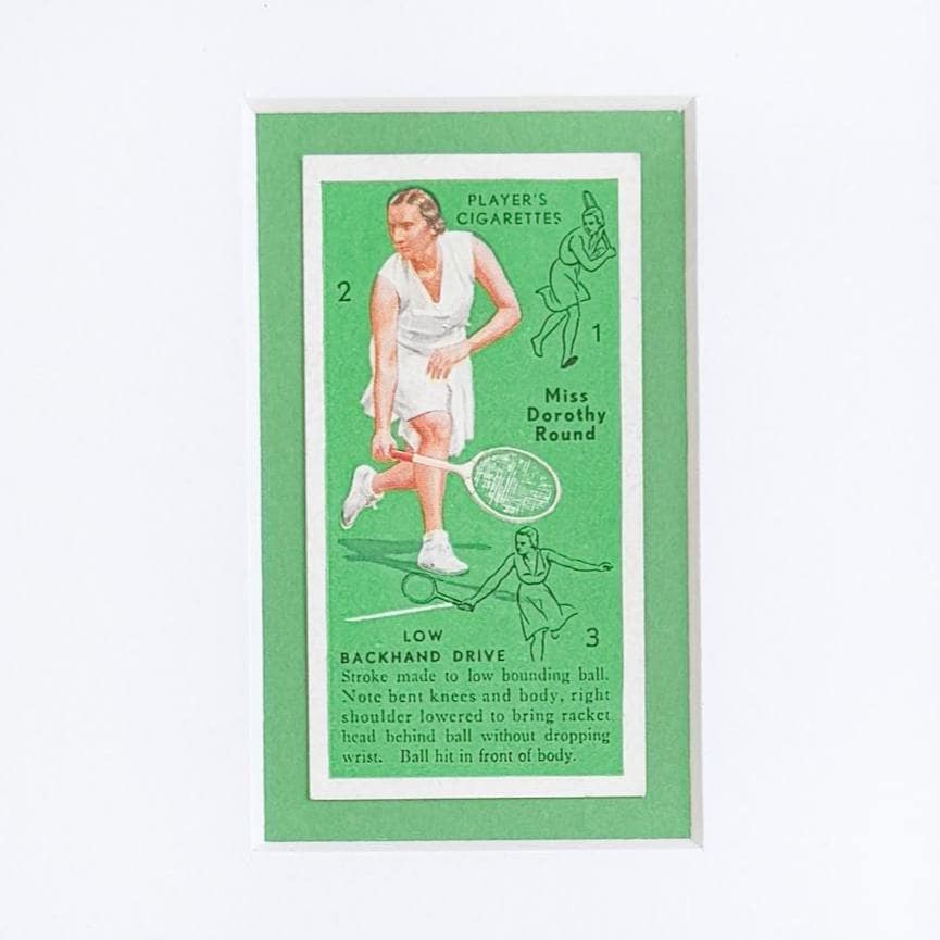Framed Vintage Tennis Cigarette Card, c. 1936, "Low Backhand Drive"