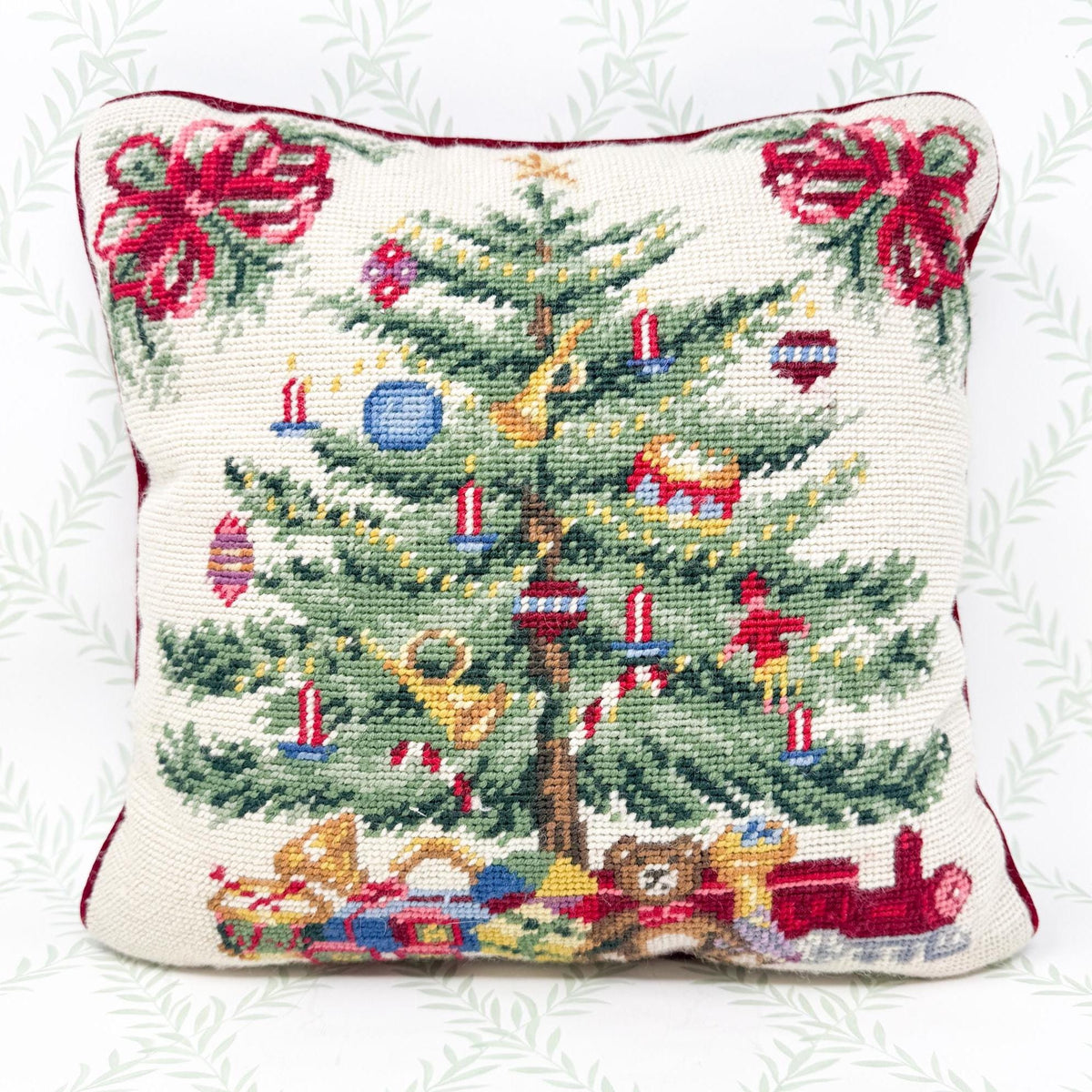 Vintage Christmas Needlepoint Pillow, Tree and Bows, 14"