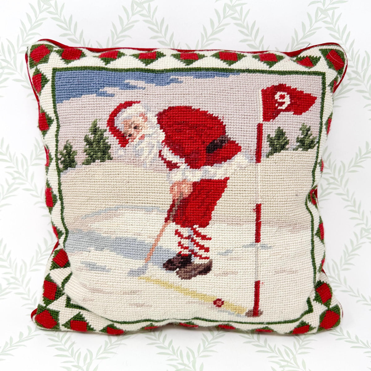 Vintage Needlepoint Santa Golf Christmas Pillow, 14"