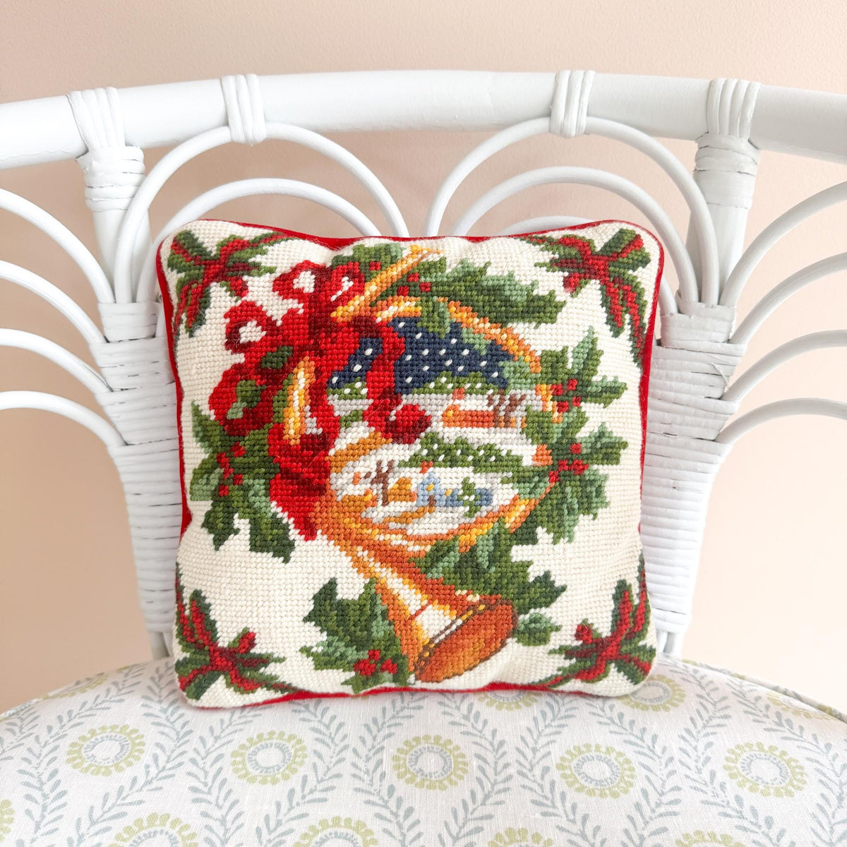 Vintage Christmas Needlepoint Pillow, Horn and Bows, 10"