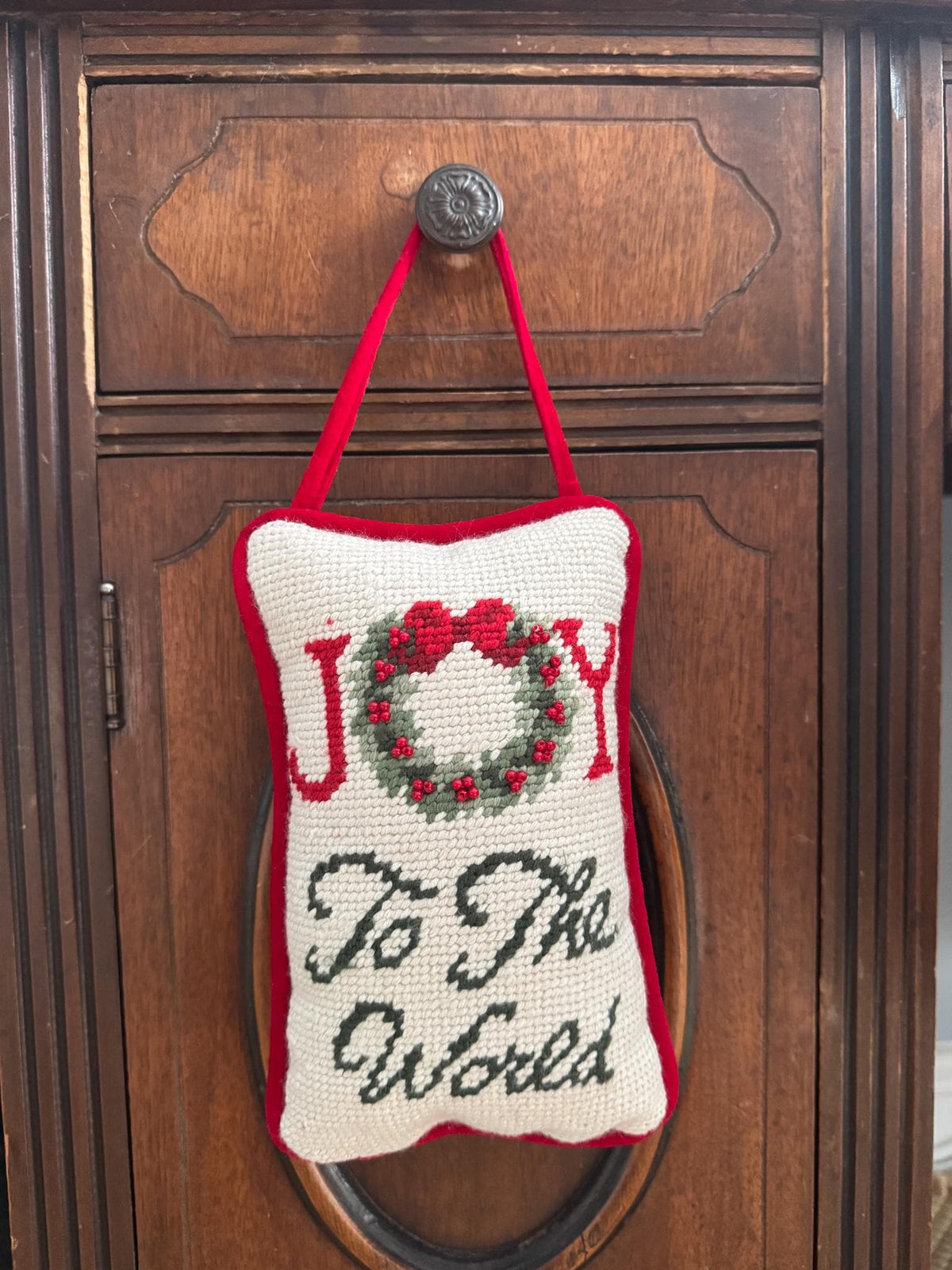 Vintage Christmas Needlepoint Door Hanger, Joy To The World
