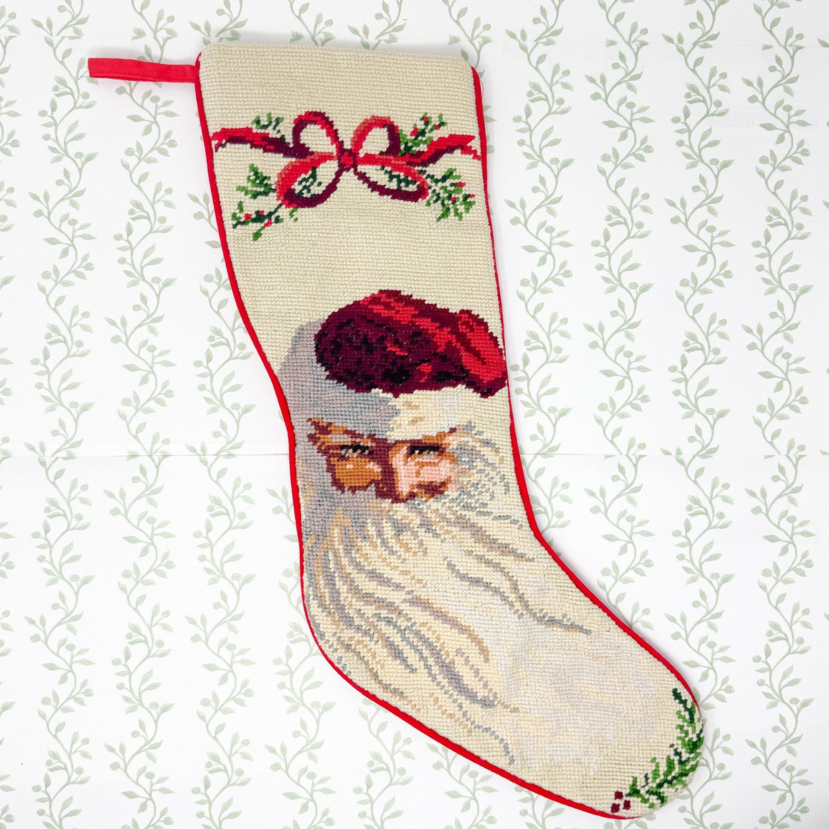 Vintage Needlepoint Christmas Stocking, Santa Claus and Little Girl