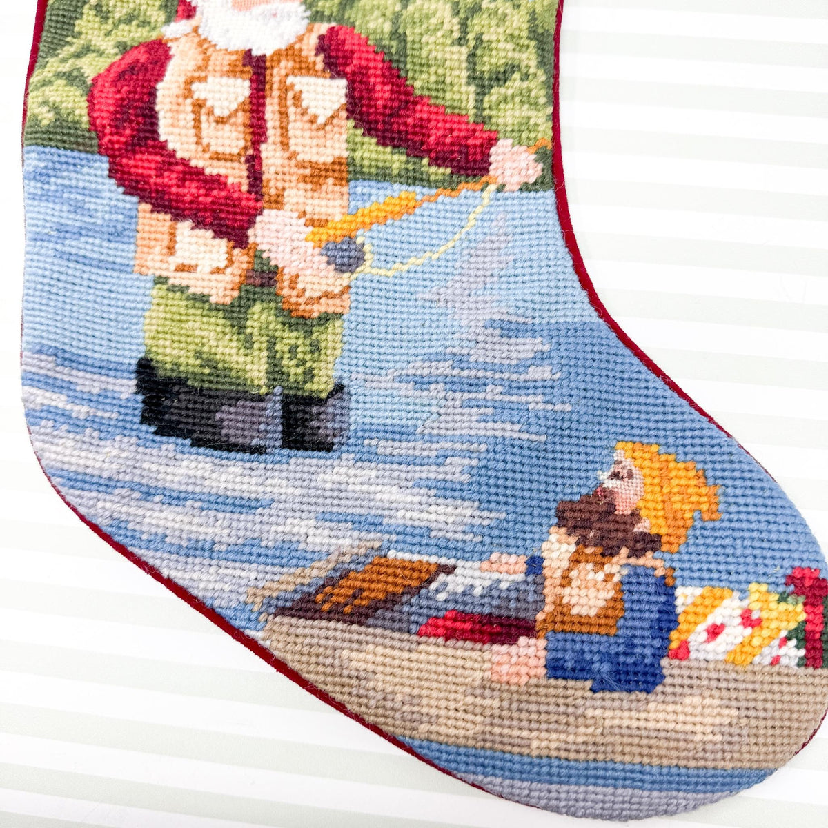 Vintage Needlepoint Christmas Stocking, Santa Fishing