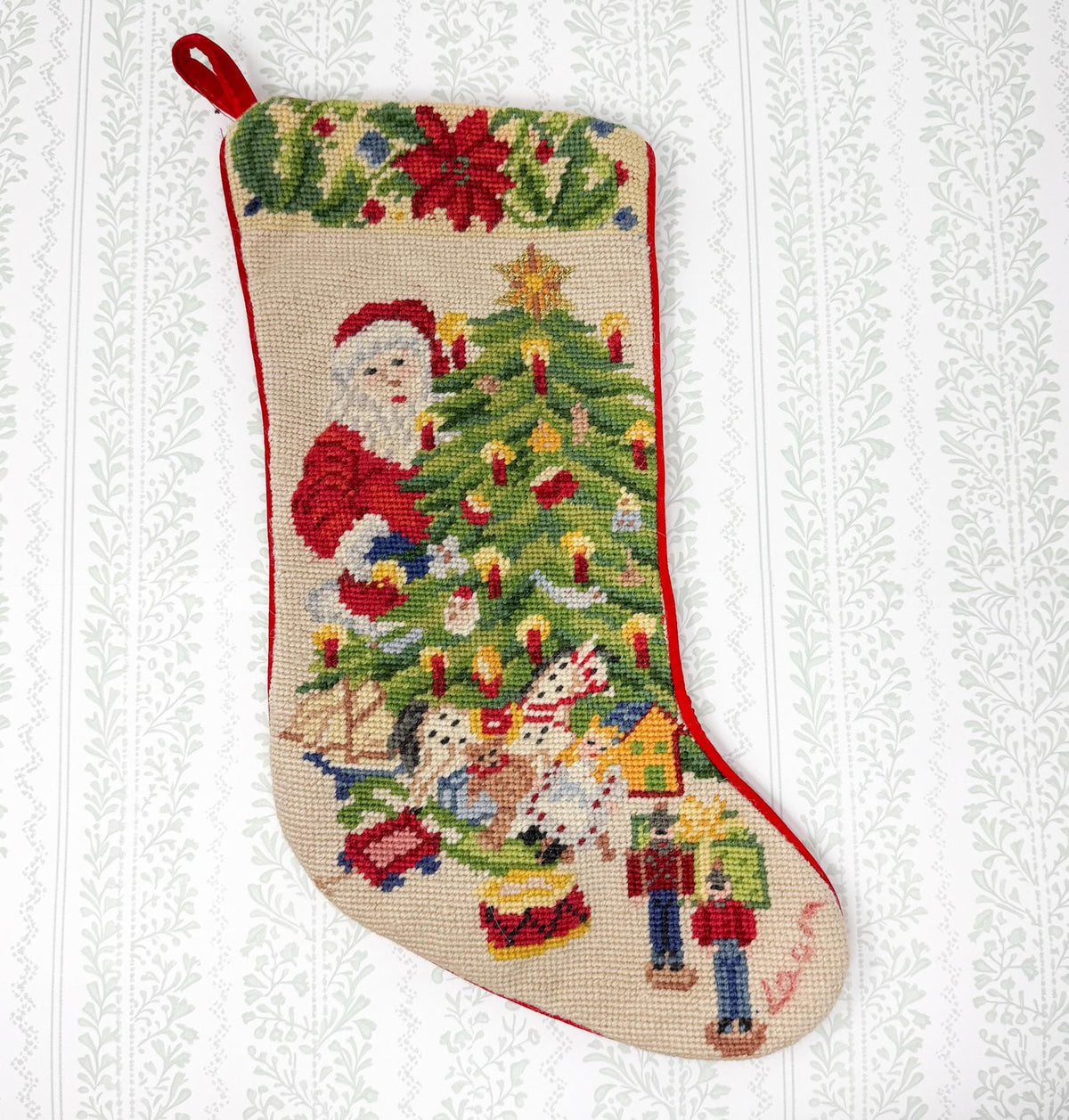 Vintage Needlepoint Christmas Stocking, Santa and Christmas Tree