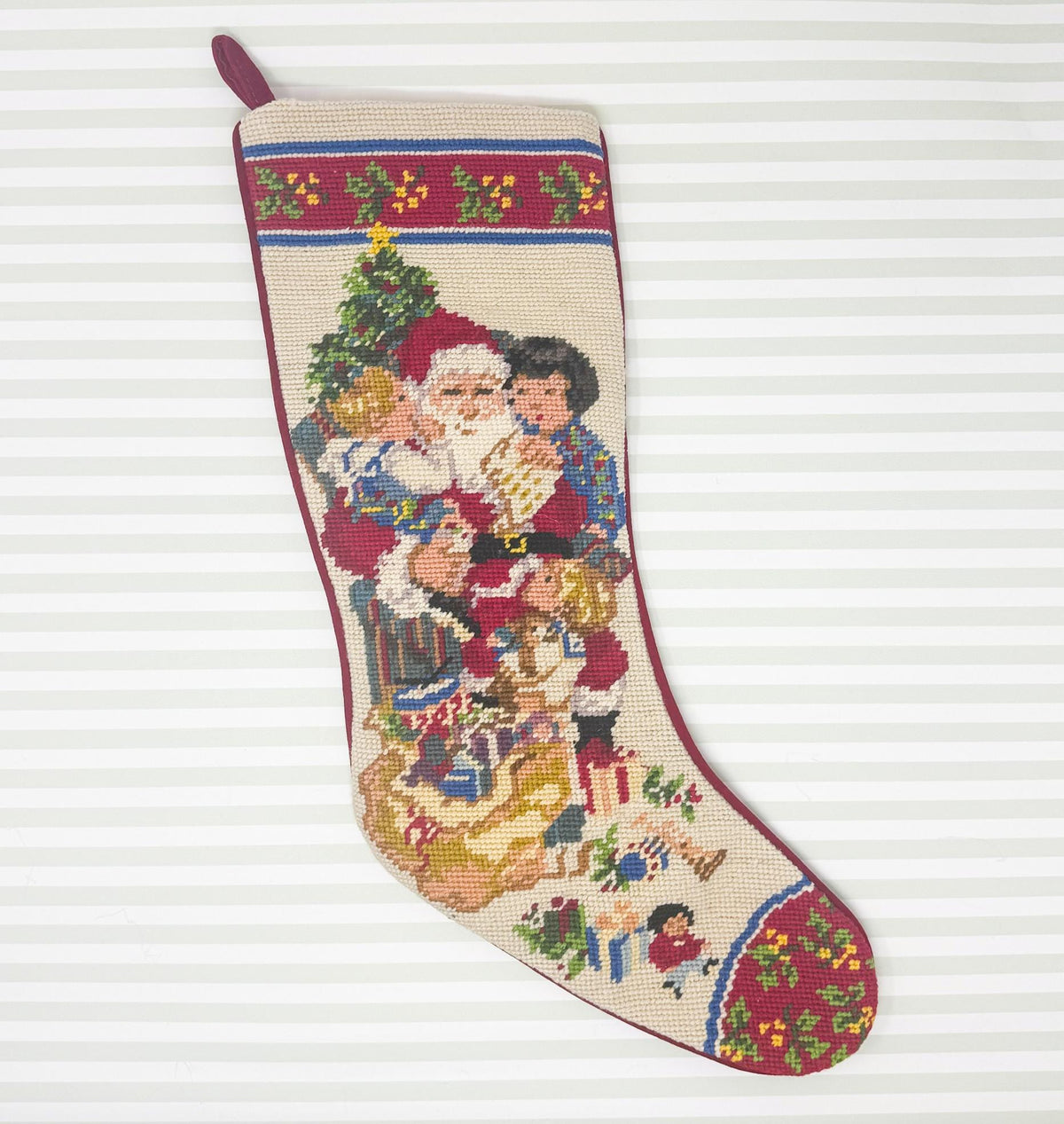 Vintage Needlepoint Christmas Stocking, Santa Claus and Kids