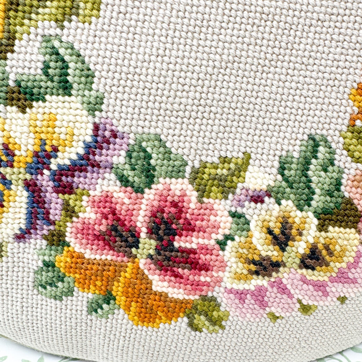 Vintage Handstitched Needlepoint Pillow, Round Pansies