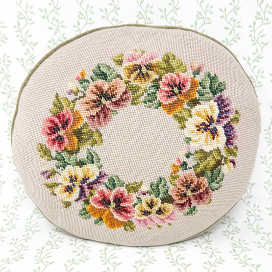 Vintage Handstitched Needlepoint Pillow, Round Pansies