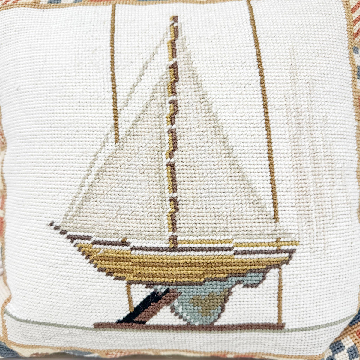 Vintage Needlepoint Pillow, Sailboat and Burgees