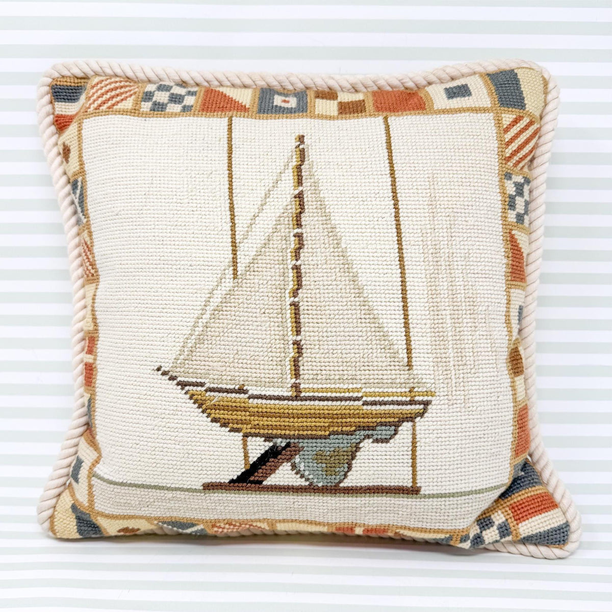 Vintage Needlepoint Pillow, Sailboat and Burgees