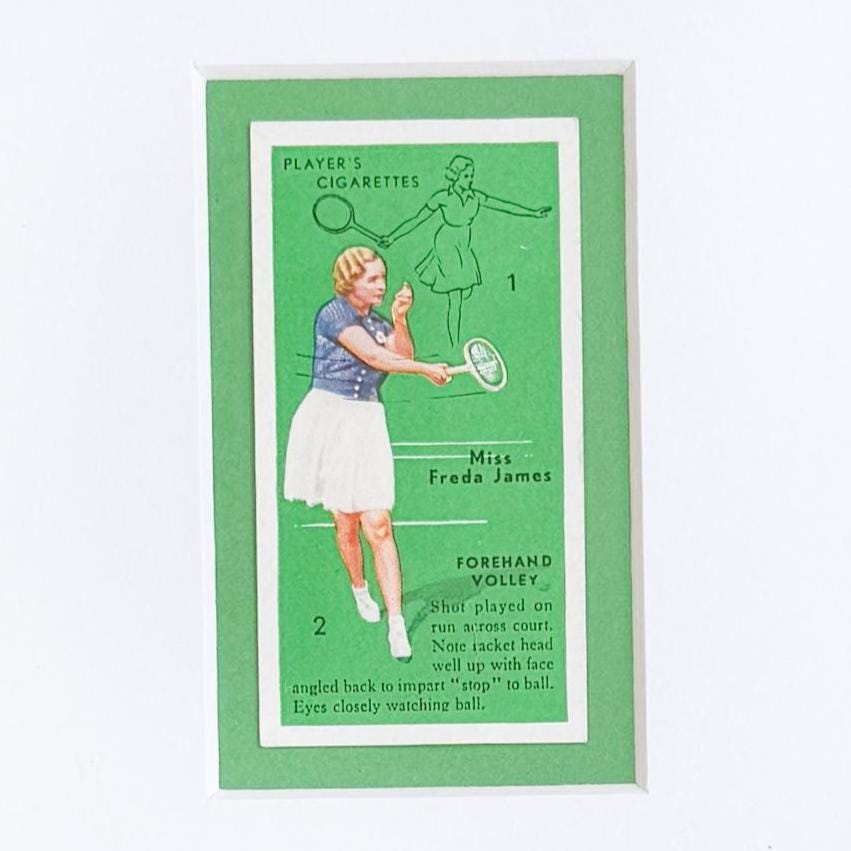 Framed Vintage Tennis Cigarette Card, c. 1936, "Forehand Volley"