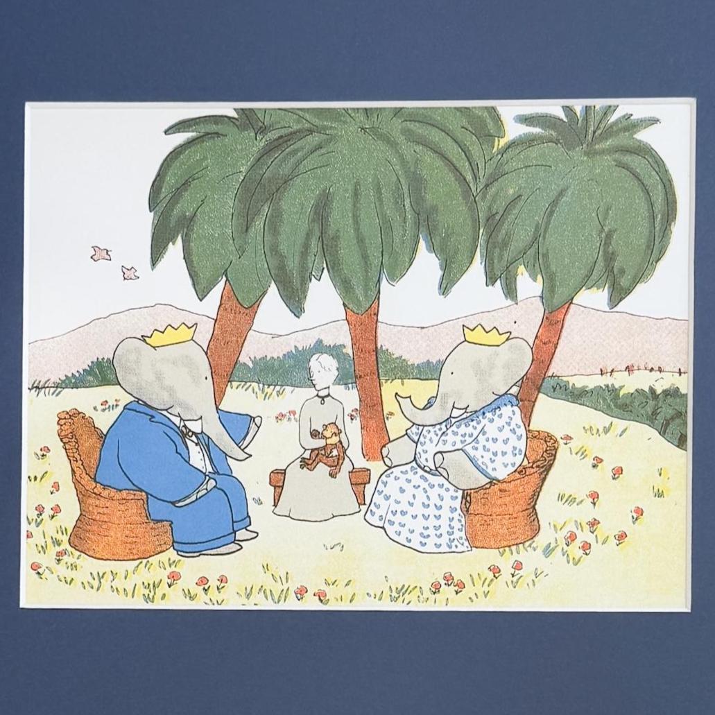 Framed Vintage Babar Postcard, Outdoor Chat