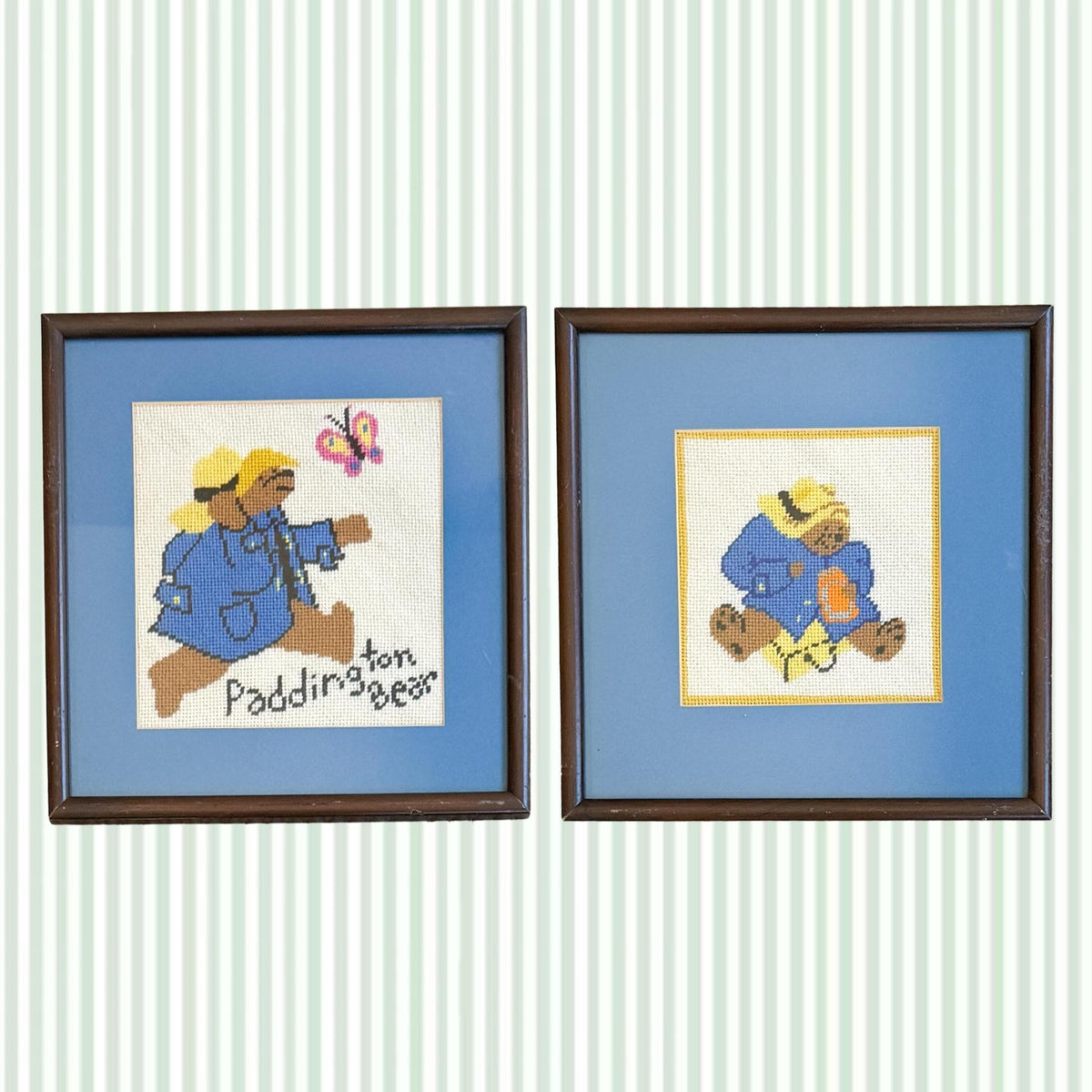 Vintage Pair of Framed Needlepoint Paddington Bears