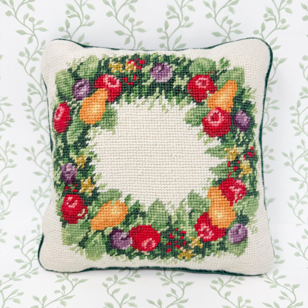 Vintage Christmas Needlepoint Pillow, Fruit Wreath