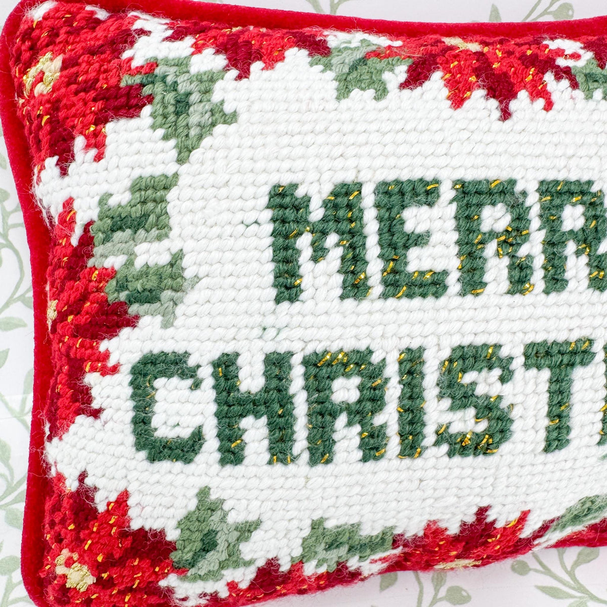 Vintage Christmas Needlepoint Pillow, Merry Christmas