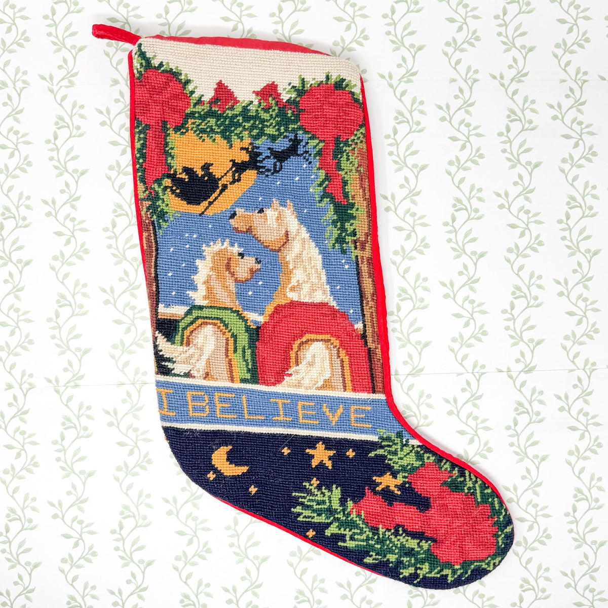 Vintage Needlepoint Christmas Stocking, Horses