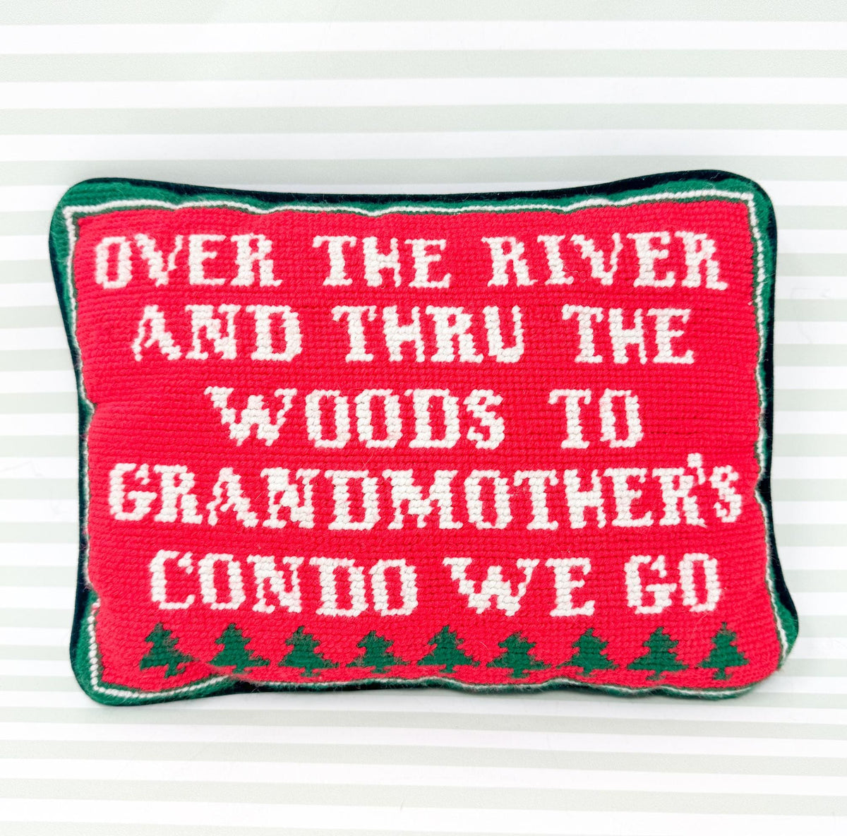Vintage Christmas Needlepoint Pillow, Over The River and Thru The Woods, To Grandmother's Condo We Go