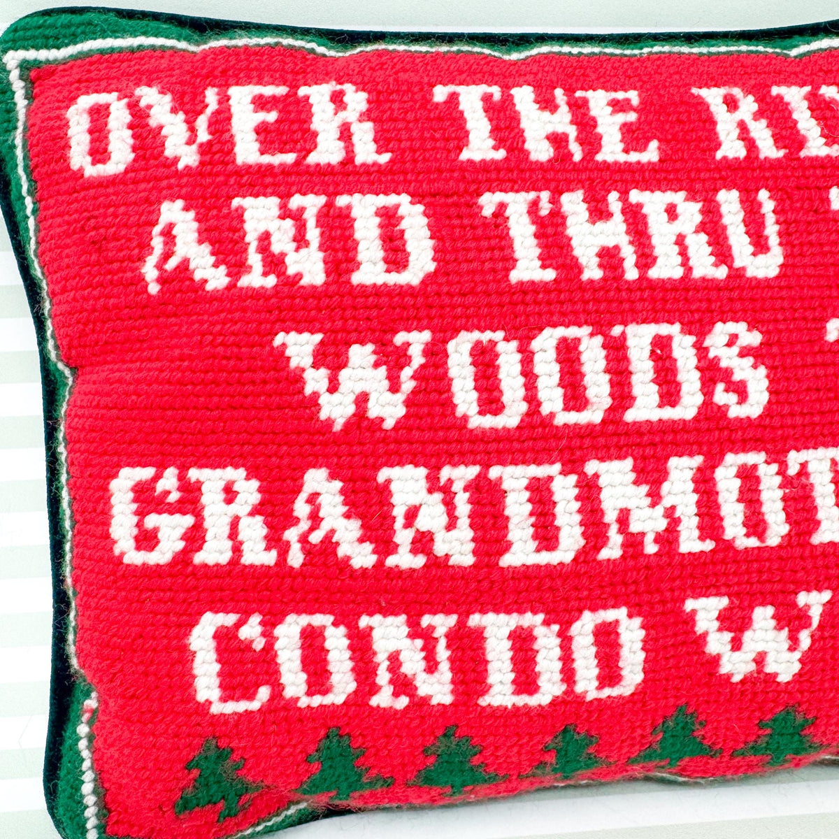 Vintage Christmas Needlepoint Pillow, Over The River and Thru The Woods, To Grandmother's Condo We Go