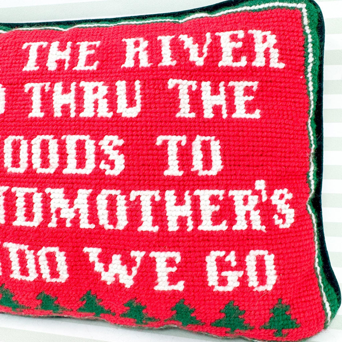 Vintage Christmas Needlepoint Pillow, Over The River and Thru The Woods, To Grandmother's Condo We Go