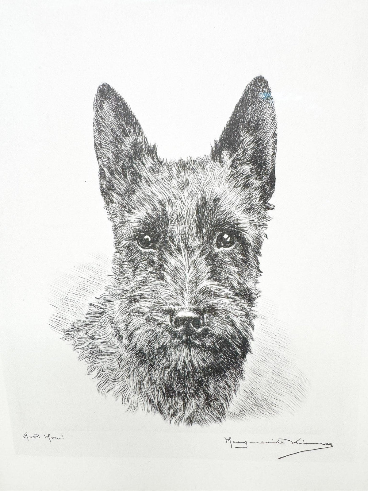 Framed Marguerite Kirmse Original Signed Etching, Scottish Terrier, Hoot Mon!