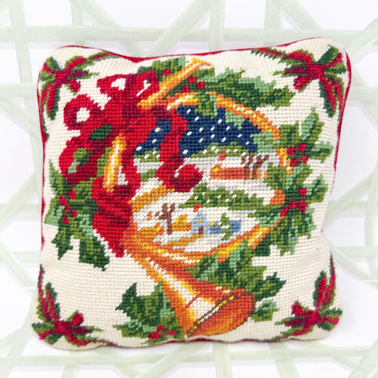 Vintage Christmas Needlepoint Pillow, Horn and Bows, 10"