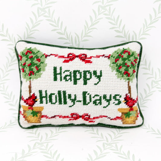 Vintage Christmas Needlepoint Pillow, Happy Holly-days