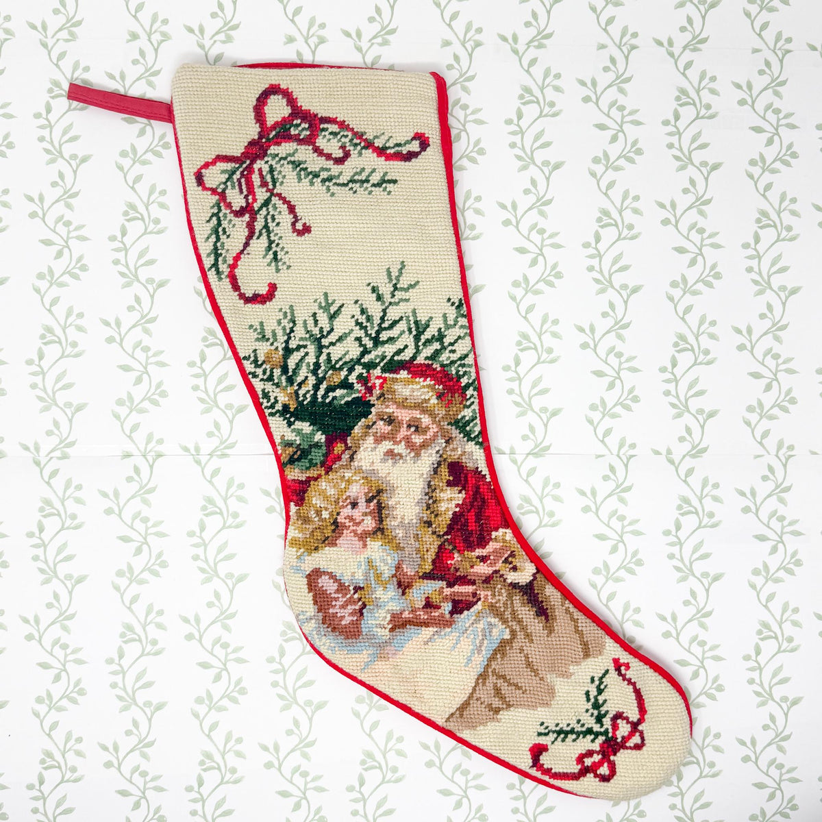 Vintage Needlepoint Christmas Stocking, Santa Claus and Little Girl