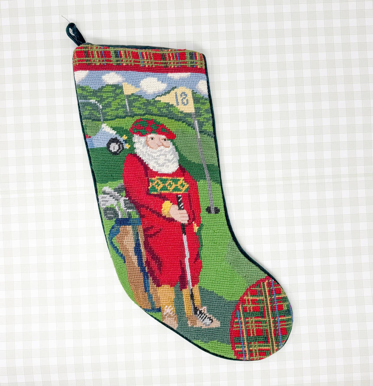 Vintage Needlepoint Christmas Stocking, Santa Golfing