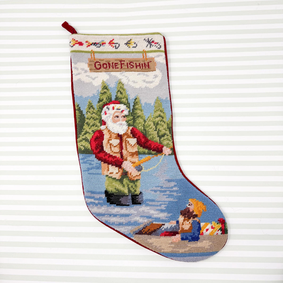 Vintage Needlepoint Christmas Stocking, Santa Fishing