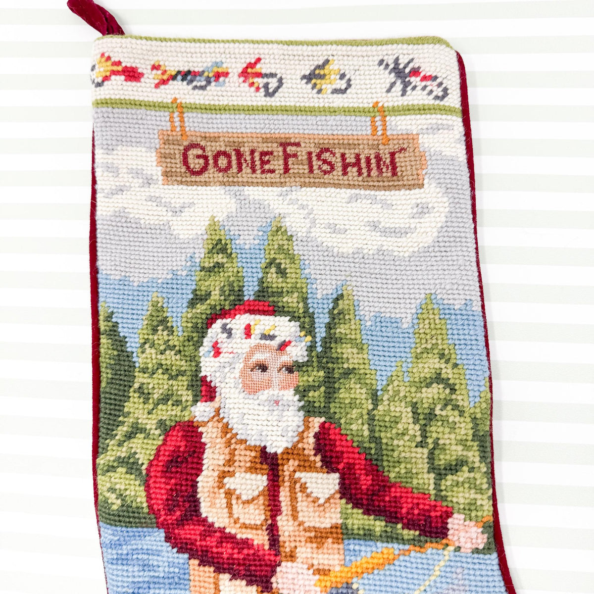 Vintage Needlepoint Christmas Stocking, Santa Fishing