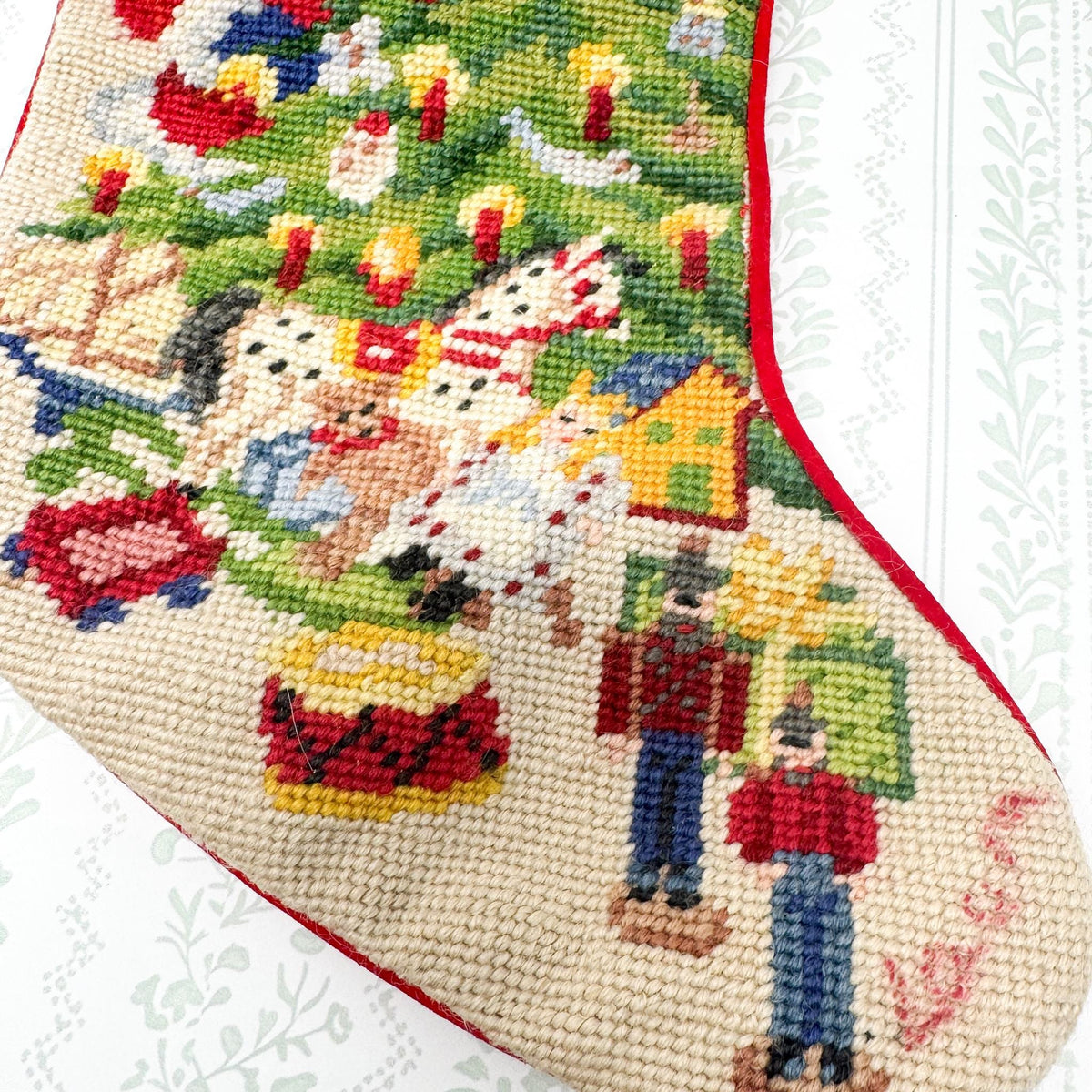Vintage Needlepoint Christmas Stocking, Santa and Christmas Tree