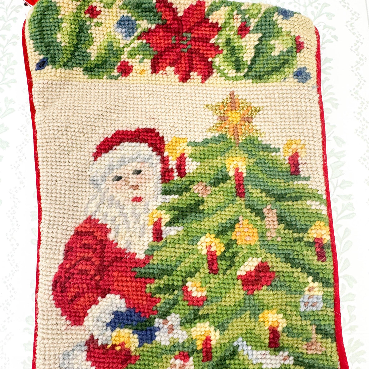 Vintage Needlepoint Christmas Stocking, Santa and Christmas Tree