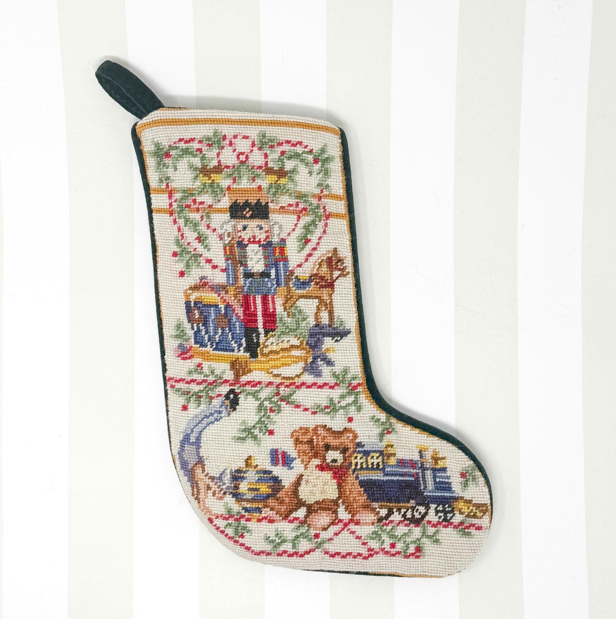 Vintage Needlepoint Mini Christmas Stocking, Nutcracker and Toys, 10"