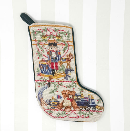 Vintage Needlepoint Mini Christmas Stocking, Nutcracker and Toys, 10"