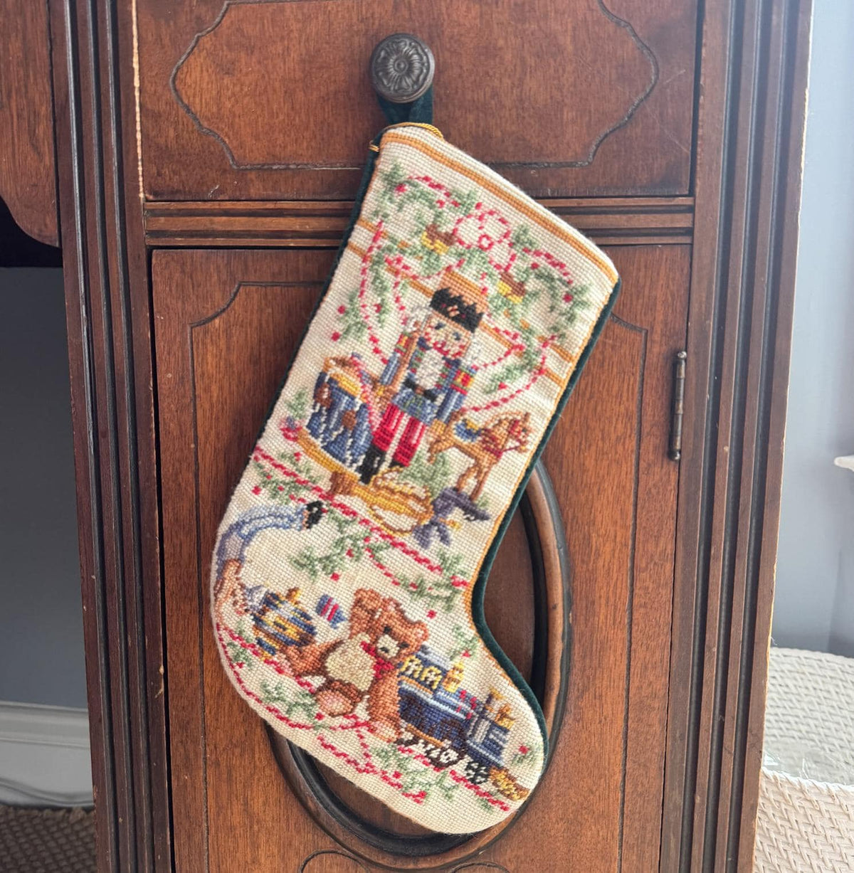 Vintage Needlepoint Mini Christmas Stocking, Nutcracker and Toys, 10"