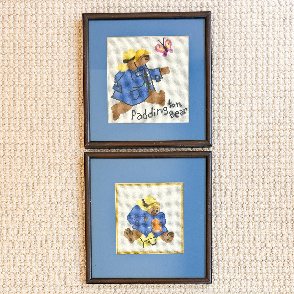 Vintage Pair of Framed Needlepoint Paddington Bears