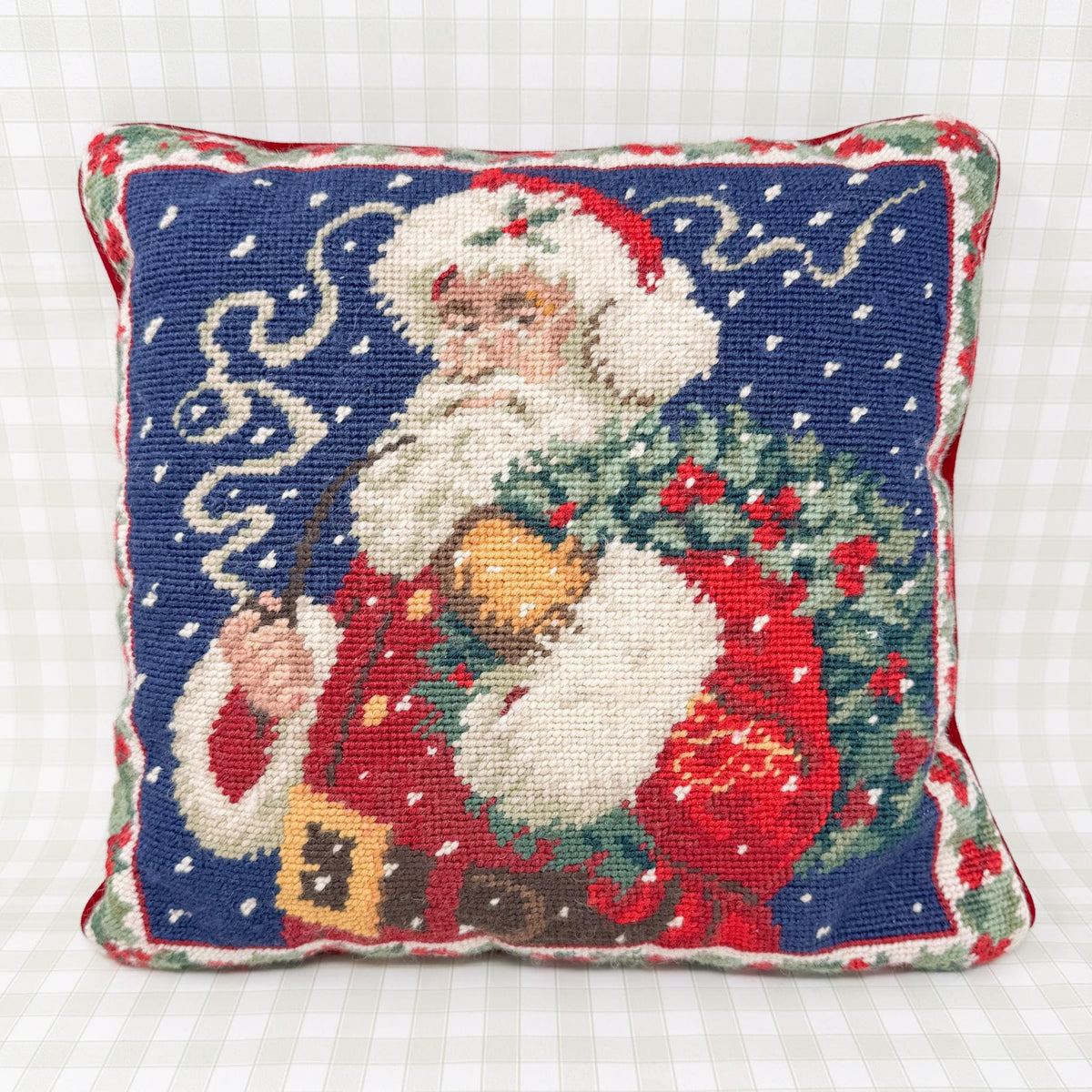Vintage Christmas Needlepoint Pillow, Santa Claus