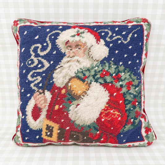 Vintage Christmas Needlepoint Pillow, Santa Claus