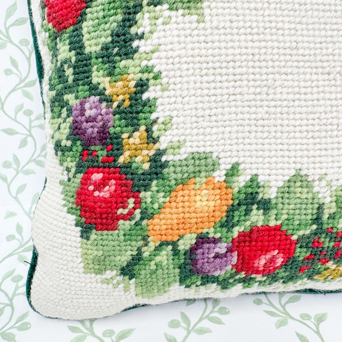 Vintage Christmas Needlepoint Pillow, Fruit Wreath