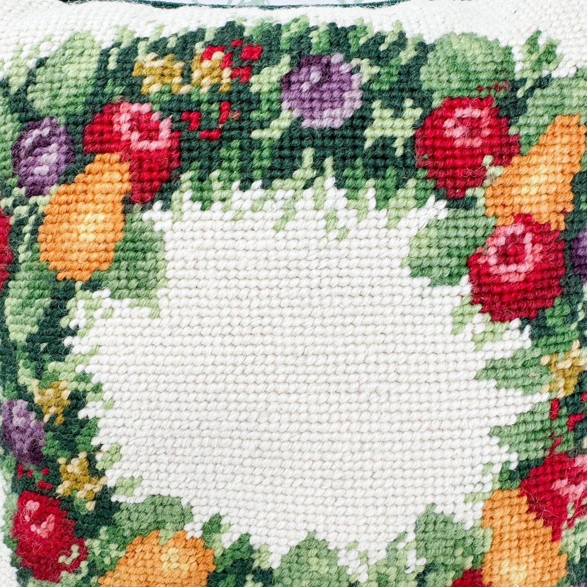 Vintage Christmas Needlepoint Pillow, Fruit Wreath