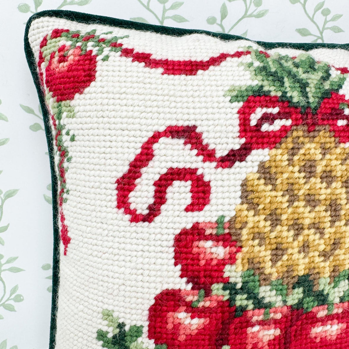 Vintage Christmas Needlepoint Pillow, Christmas Fruits