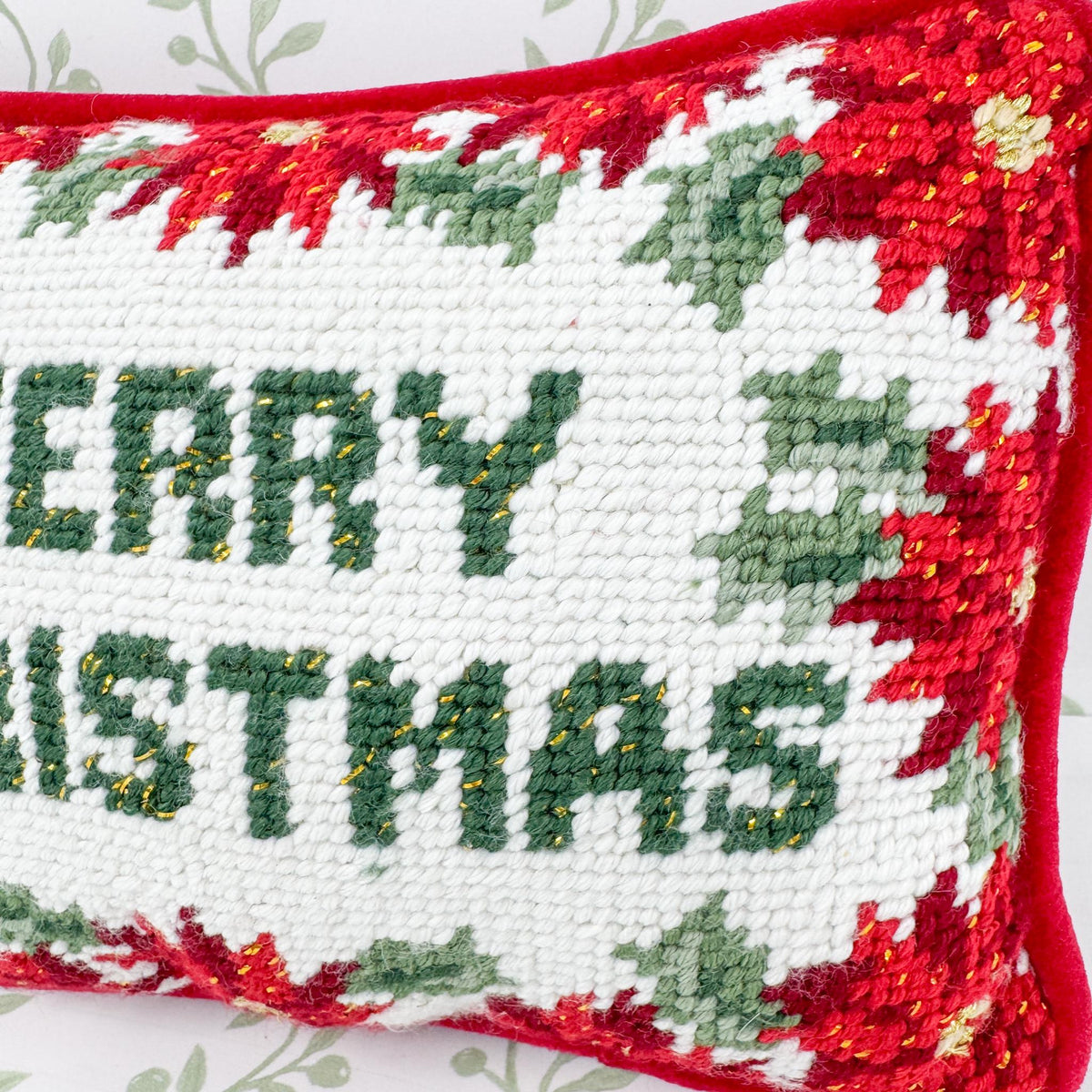 Vintage Christmas Needlepoint Pillow, Merry Christmas