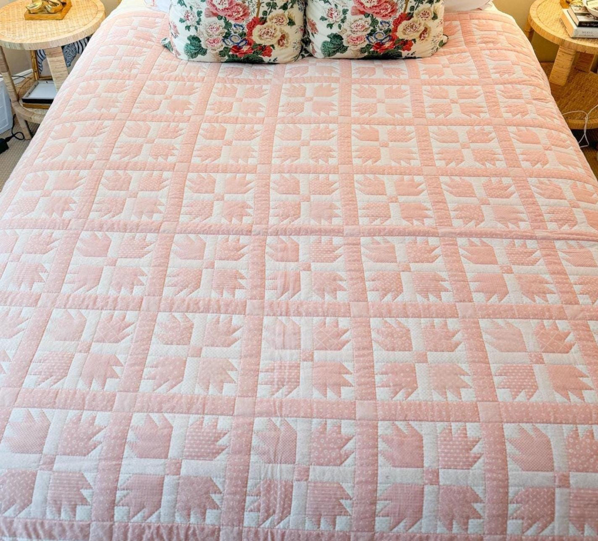 Vintage Handmade Bear Paw Quilt, Peach