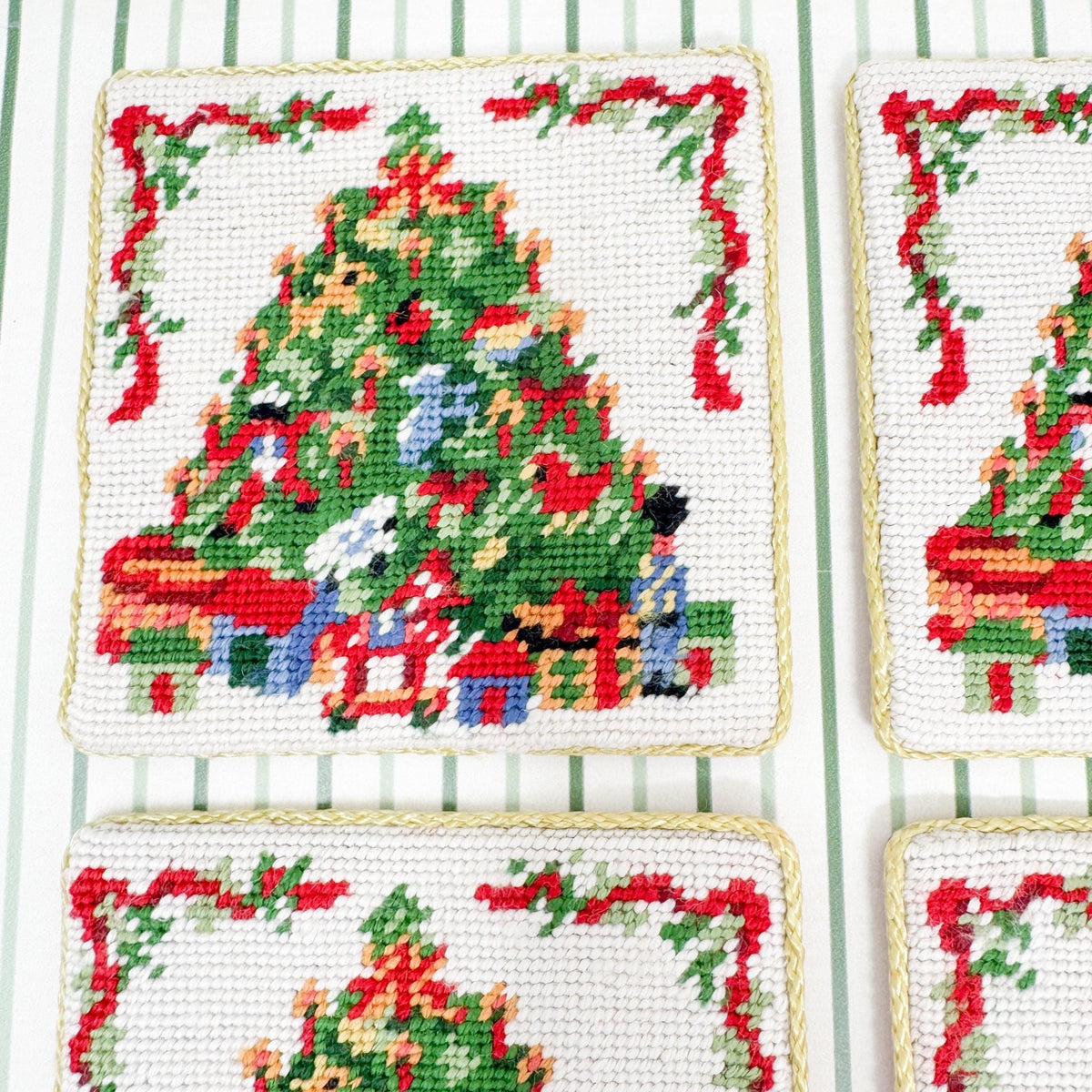 Vintage Needlepoint Christmas Tree Coasters, Set of 4