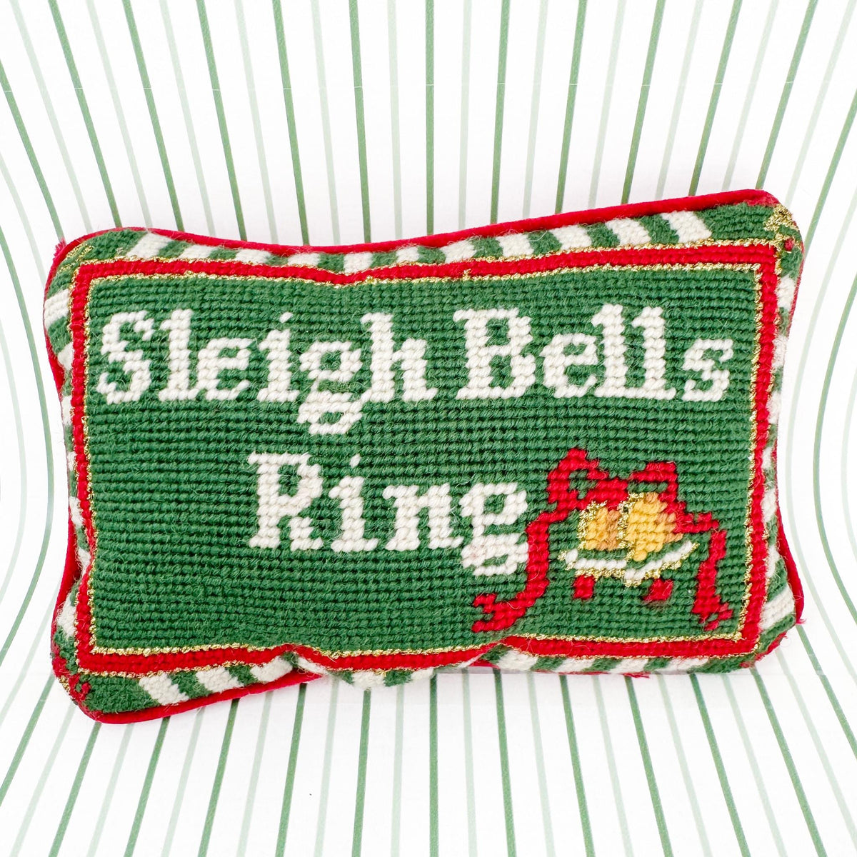 Vintage Christmas Needlepoint Pillow, Sleigh Bells Ring