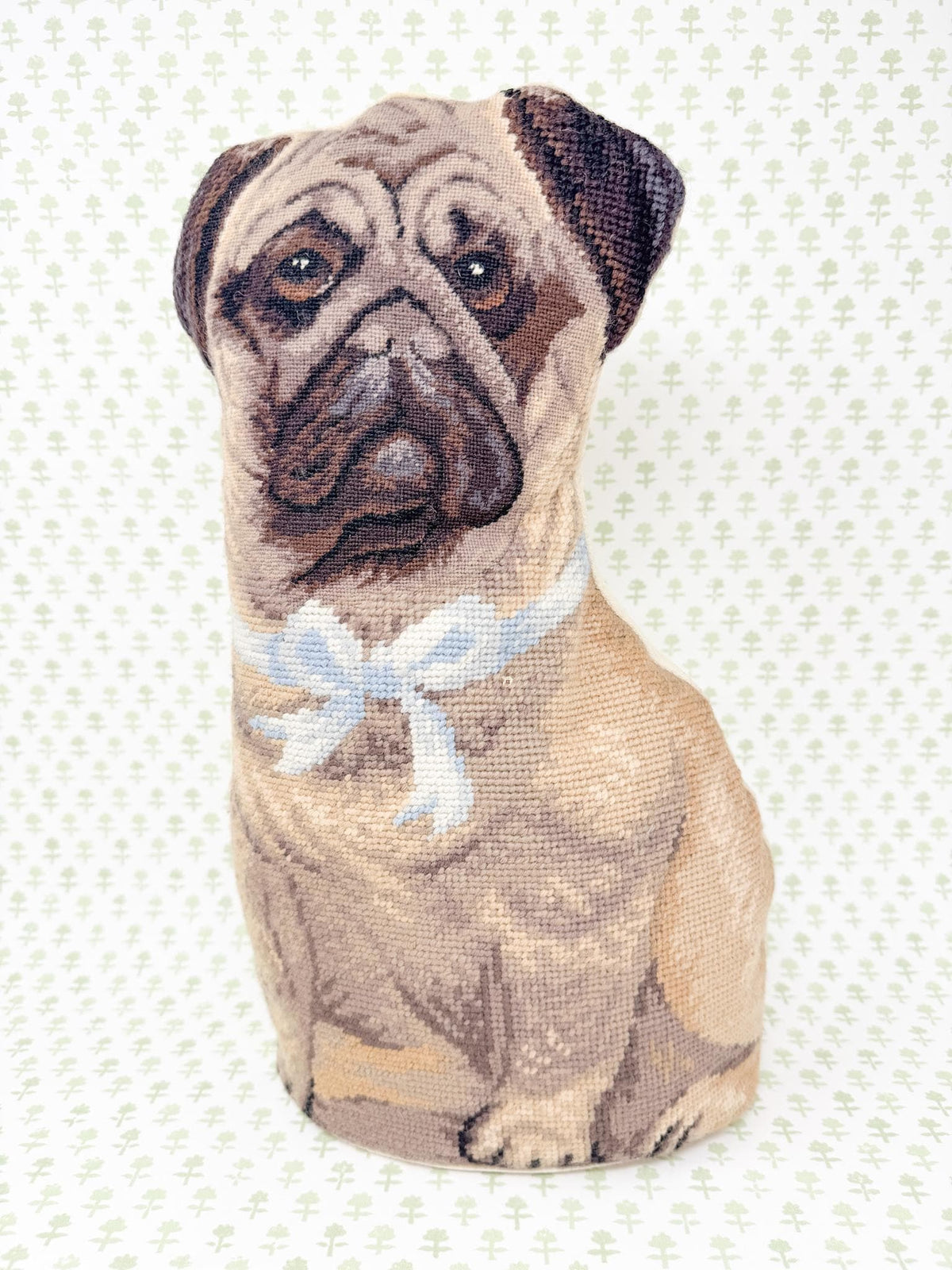 Vintage Needlepoint Standing Pillow, Pug