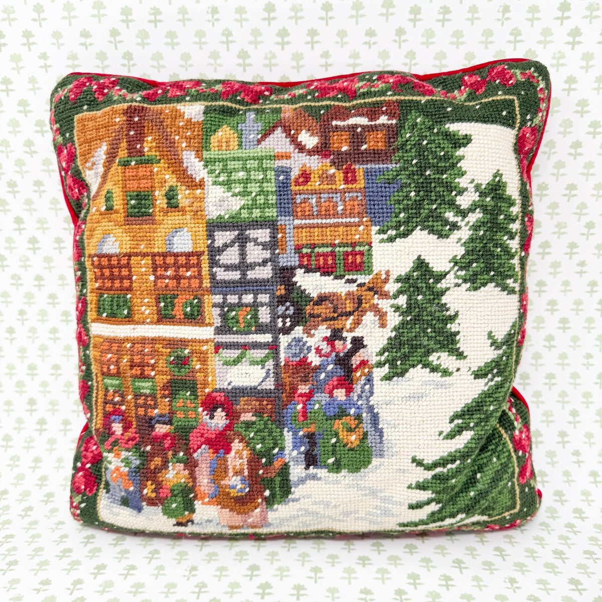 Vintage Christmas Needlepoint Pillow, Christmas Village