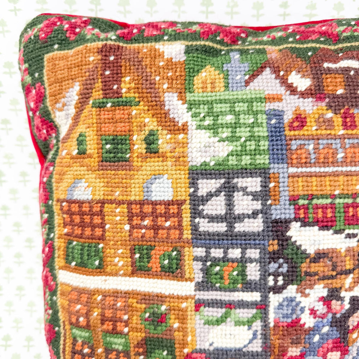 Vintage Christmas Needlepoint Pillow, Christmas Village
